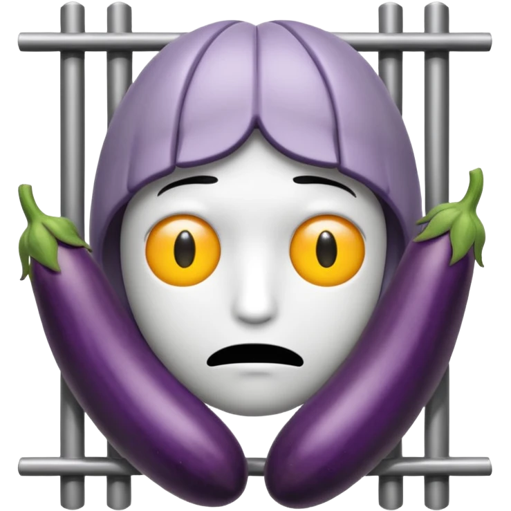 Smutna buźka z bakłażanami w miejscach oczu. Buźka jest za więziennymi kratami trzymając się ich rękami emoji