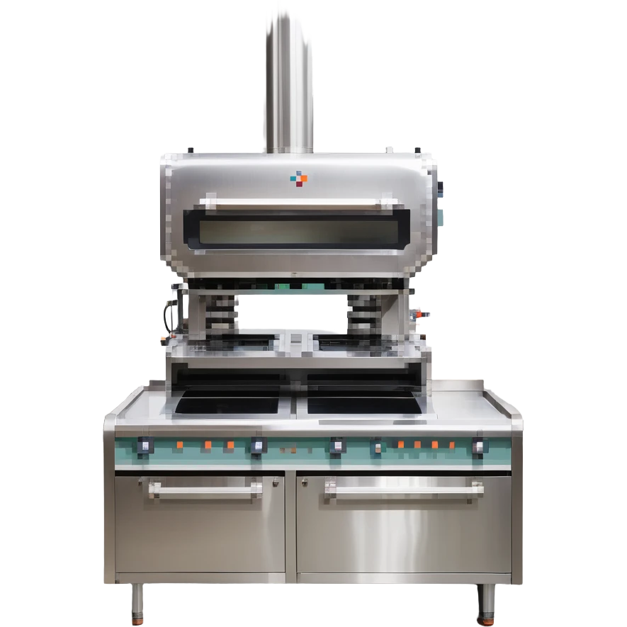 A robotic baker with stainless steel limbs, built-in mixers, and a retro-futuristic oven. The environment is industrial-chic: brushed metal surfaces, LED panels, and mechanical arms. UI mimics control panels with toggle switches, rivets, and analog dials. emoji