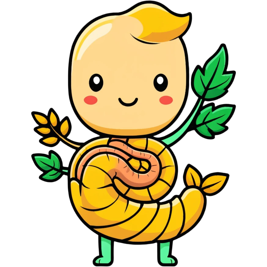 Cute simplified human digestive system with stomach and intestines, surrounded by golden wheat stalks and green leaves. Bright healing particles moving through the digestive tract emoji