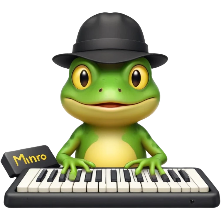 A meme frog with ironic face and a keyboard in one hand wearing yellow hat with black miro branding logo emoji