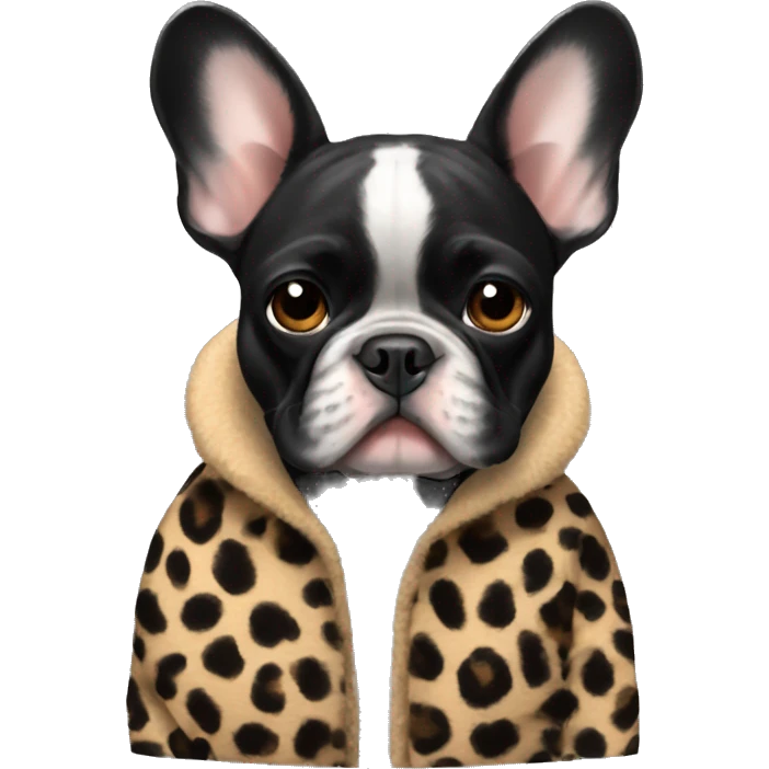 All black French bulldog wearing a cheetah coat emoji