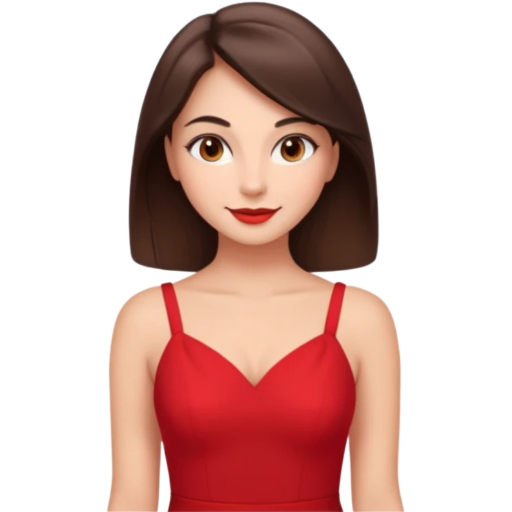 Cartoon emoji of a young brunette woman with fair-medium skin, brown eyes, wearing a red outfit. Full-height, standing confidently in a red dress  posing sexy with a smile and relaxed posture. Smooth, friendly, stylized, make up on, flirty eyes and smile in a sexy position  emoji