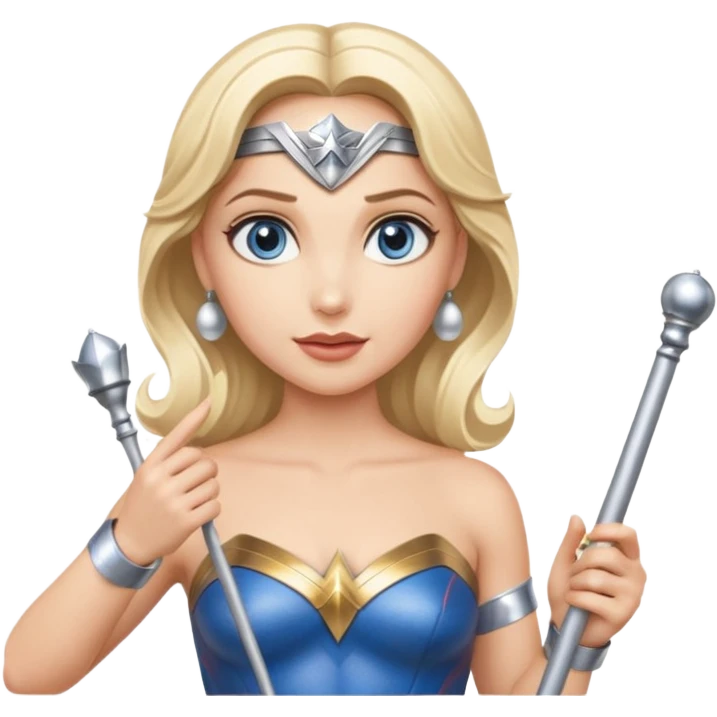 Blonde blue eyed Wonder Woman holding white orchestra conductor’s baton and bell  emoji
