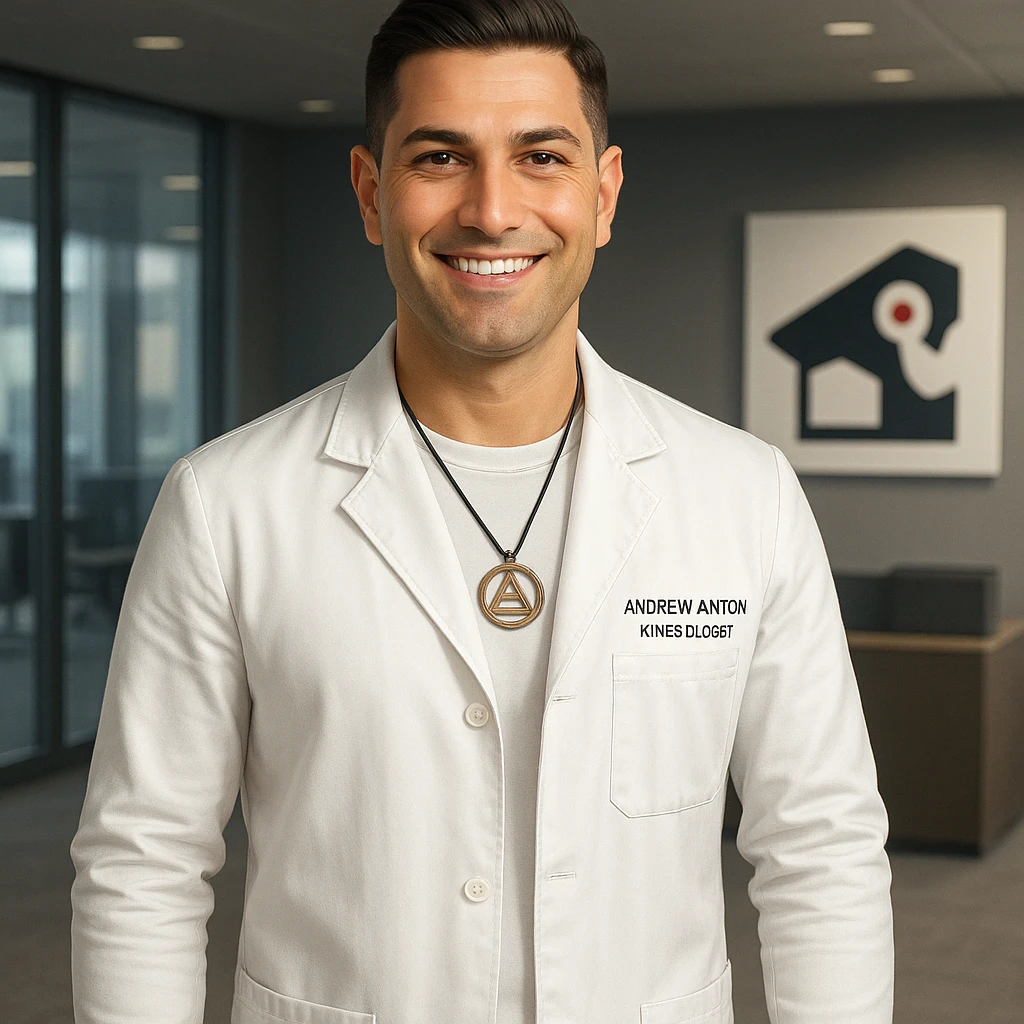 Create a realistic illustration of a happy kinesiologist in a modern corporate environment, maintaining the same positive expression and attitude as the person in the photo. The kinesiologist should wear professional white attire. The style should be realistic and suitable for a corporate setting. emoji