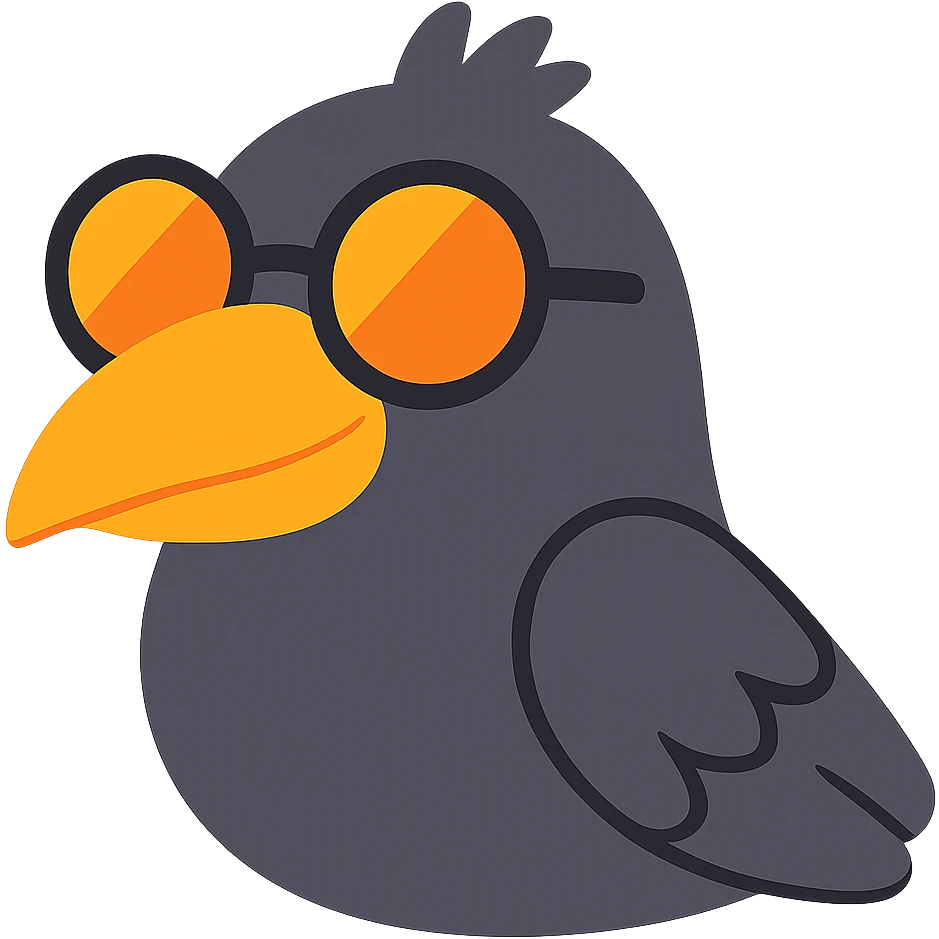 Make the bird emoji even less realistic—more cartoonish and simplified, but keep the same pose, orange beak, and round sunglasses. Minimal feather texture, smooth shading, and a playful look. Bird looking to the left. No background. Maintain the style of the original bird emoji but make it more cartoonish and simplified. emoji