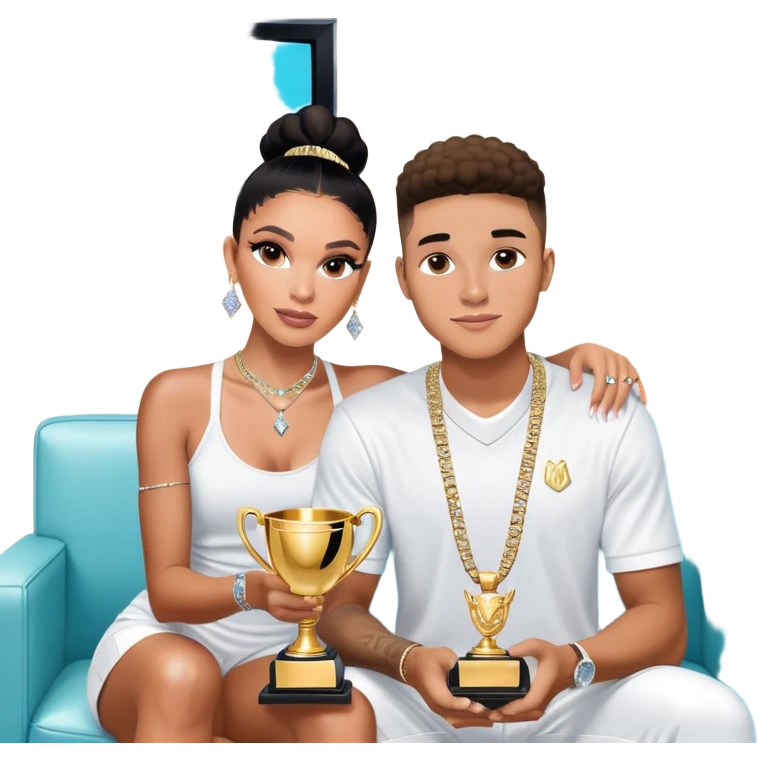 Internet celebrity Josh King Madrid jetset wearing shiny diamond earrings and sparkly iced out diamond tennis necklace chains with Instagram model girl tefi valenzuela sitting with him holding gold internet celebrity trophy on tv show in Miami emoji