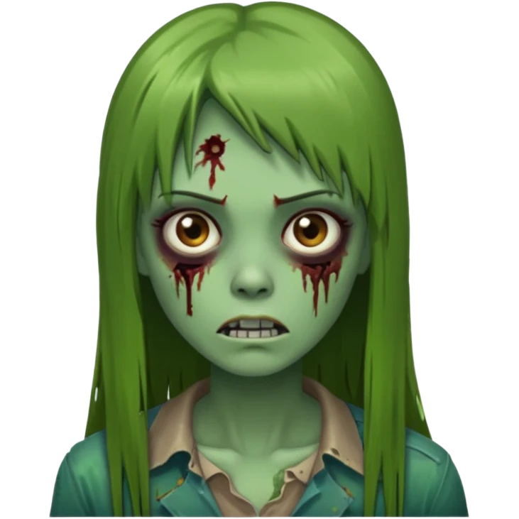 Zumbi feminino, de pele verde, cabelo marrom, longo, liso e castanho com franja reta emoji