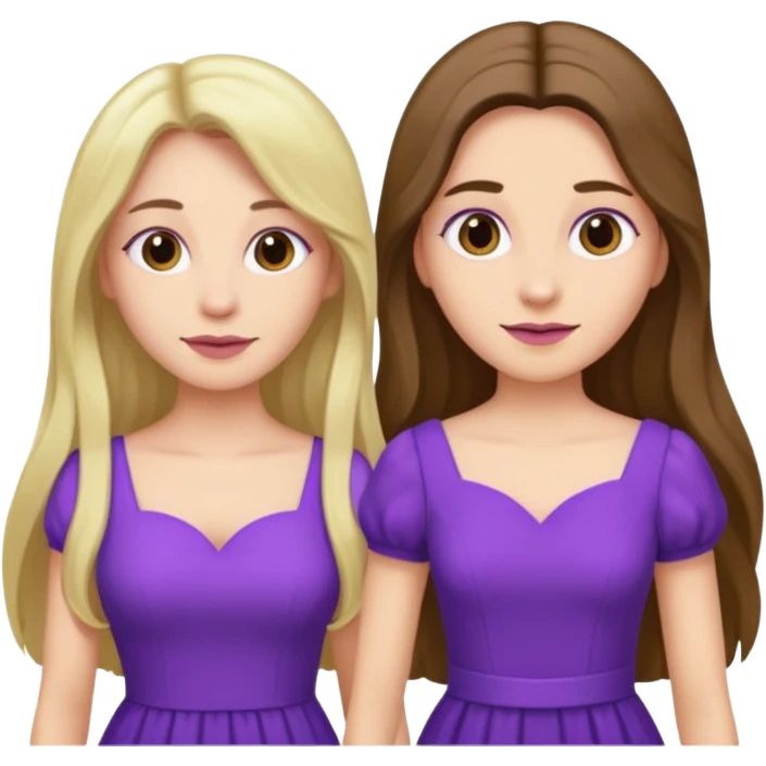 A couple in same outfit female with long hair and purple dress emoji