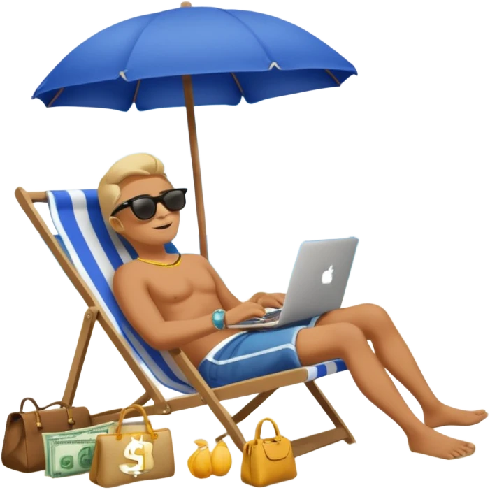 Emoji-style person relaxing on beach chair with laptop and money bag, “$20K” written in sand, sky gradient background, calm and successful tone emoji