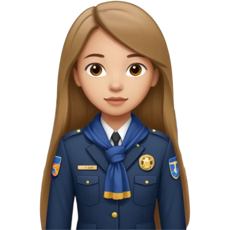Young girl, long brown straight hair, wearing uniform jacket with hotel name badge, tasteful scarf, stand behind the desk

 emoji