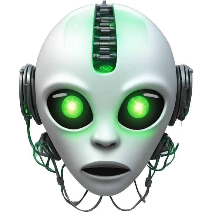 Round Alien cyborg head with glowing wires and green eyes  emoji