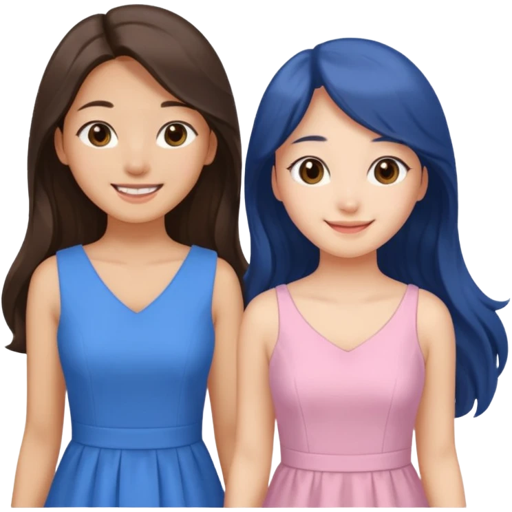 one Korean girl in blue and one white long haired brunette girl in light prink dresses smiling emoji