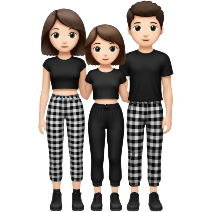 white girl with short brunette hair and eyelashes a little long with a black crop top and black and white plaque pants on top of a white boy with brunnete fluffy hair and long black shirt on and black and white plaque pants. emoji