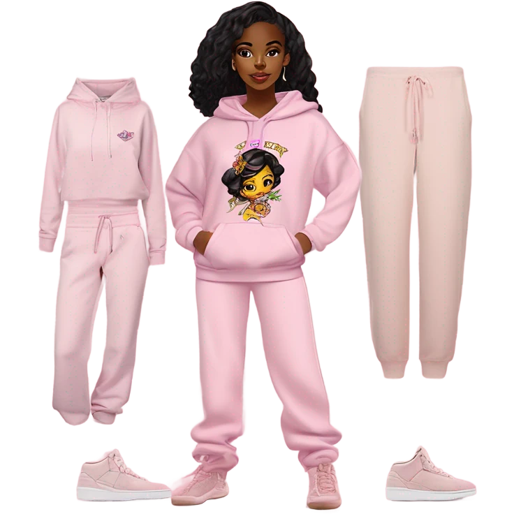 Light skin black girl, straight black hair, standing up straight, wearing a pale pink cropped Ed hardy hoodie with Ed hardy logo, along with pale pink baggy wide leg Ed hardy sweatpants with Ed hardy logo, with pale pink ugg slippers emoji