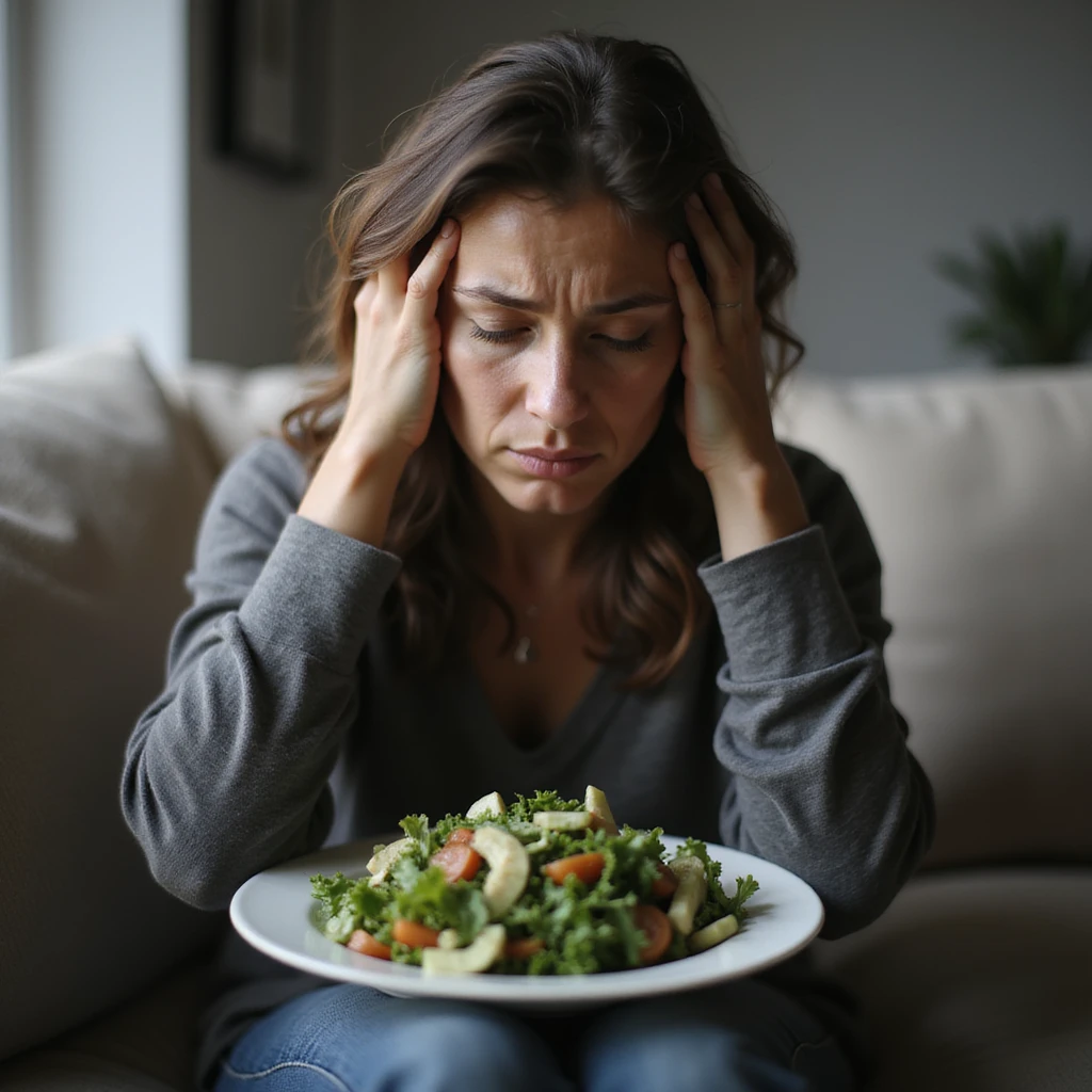 adult woman, photorealistic, ineffective diet, sad face with hands in hair, sitting on sofa with plate of salad, melancholic atmosphere, natural light, home background emoji