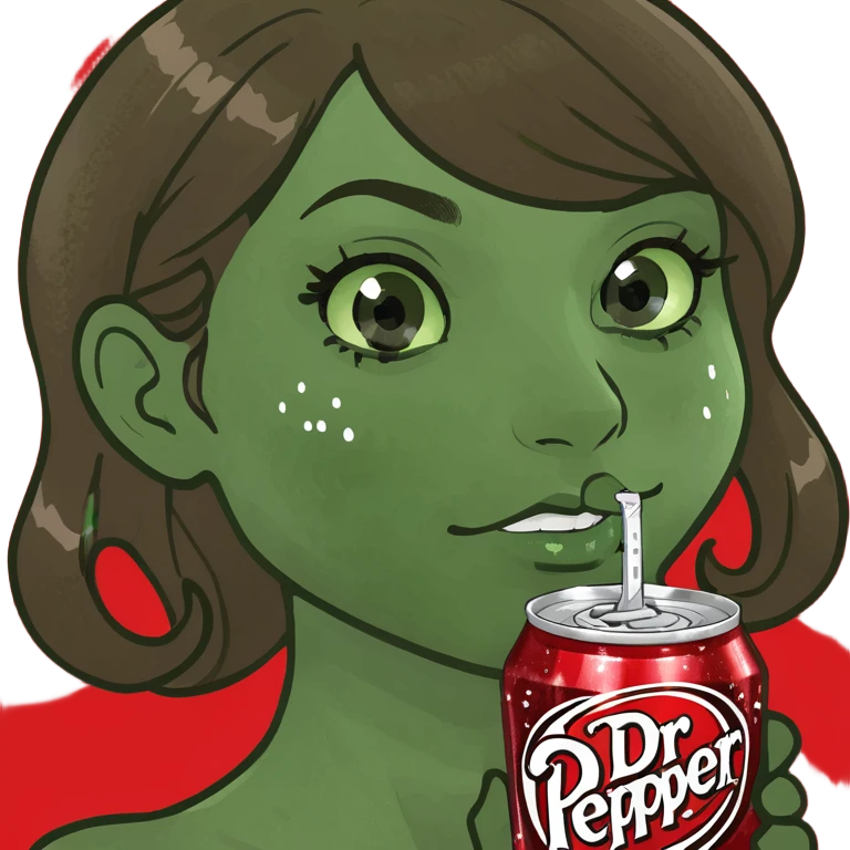 Girl with brown hair drinking Dr Pepper with sparkles emoji