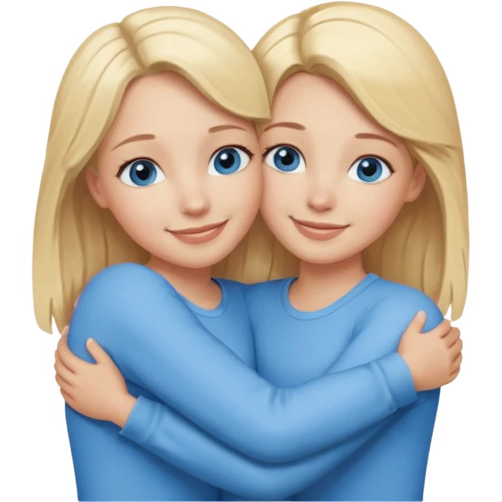 cinematic realistic two sisters with blonde hair and blue eyes hugging, smiling emoji