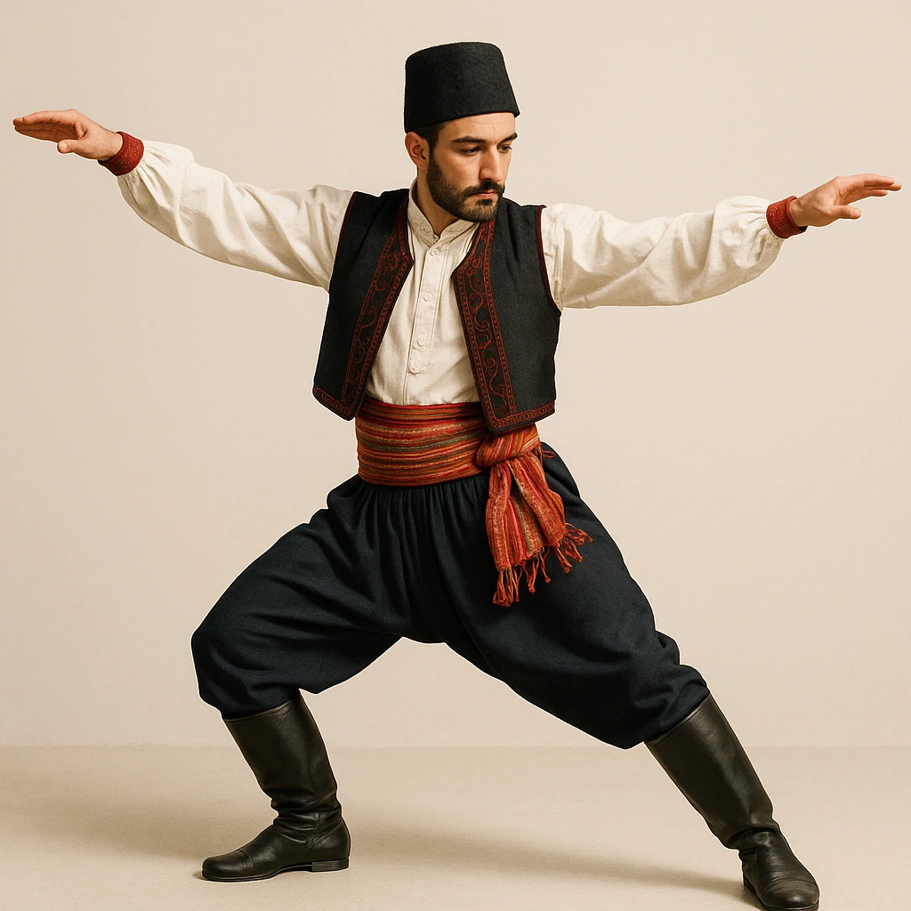Konyalı adam, folklorik dans pozunda, geleneksel kıyafet, Konya şapkası, sade arka plan emoji