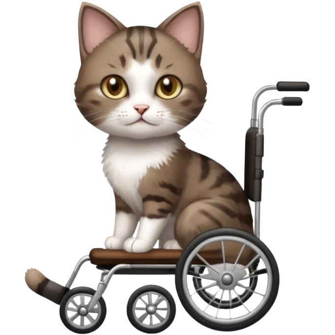 full body small short hair dark brown and white cat with hazel eyes walking in a wheelchair for cats emoji