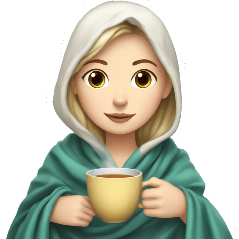 White girl drinking tea with a blanket over her emoji