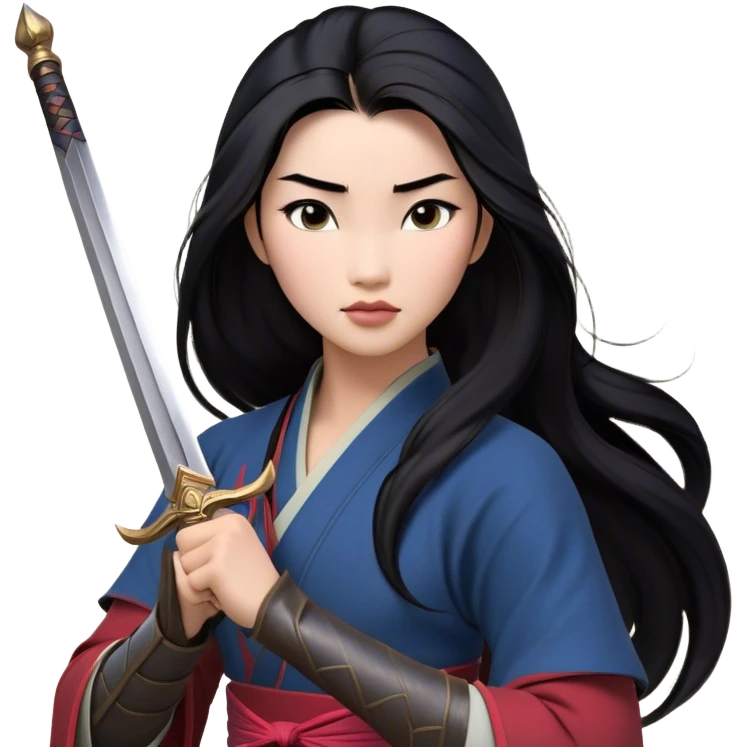Cinematic Realistic Mulan Portrait, depicted with lifelike skin texture, soft natural lighting, and intricately detailed long black hair styled elegantly. Her deep, expressive eyes exude determination and grace, complemented by a serene yet confident expression. She stands with one hand resting on the hilt of her sword, the other by her side, exuding strength and poise. She is dressed in her classic attire, with rich fabric textures and delicate folds that catch the light beautifully. The portrait features a soft, enchanting glow with a natural, radiant finish, capturing the essence of timeless strength and beauty in a realistic and painterly style, evoking a sense of depth and authenticity. emoji