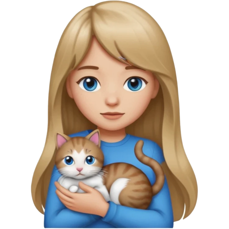 Apple-style emoji sticker of a young woman with long dark blond hair and bang, blue eyes , holding a kitty with black and white patch on her chest.  emoji
