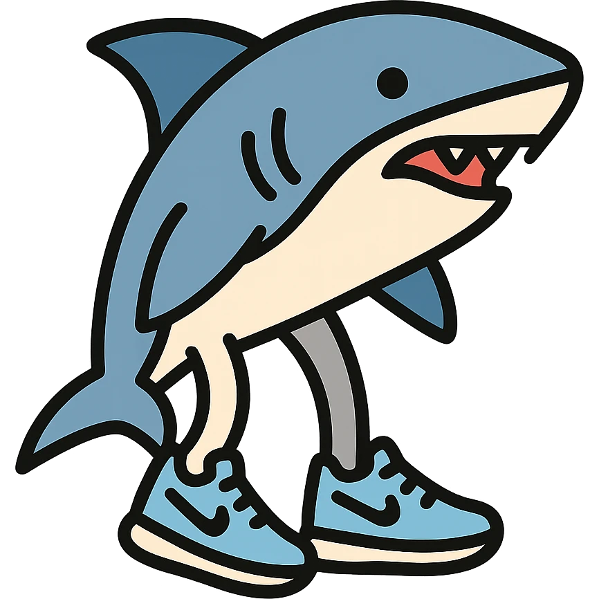 shark with three legs, wearing light blue Nike shoes, icon style emoji