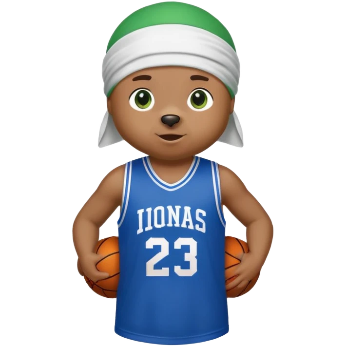 Brown bear with friendly expression and green eyes, white durag on head, blue basketball jersey visible up to shoulders, showing upper body, iOS emoji style emoji