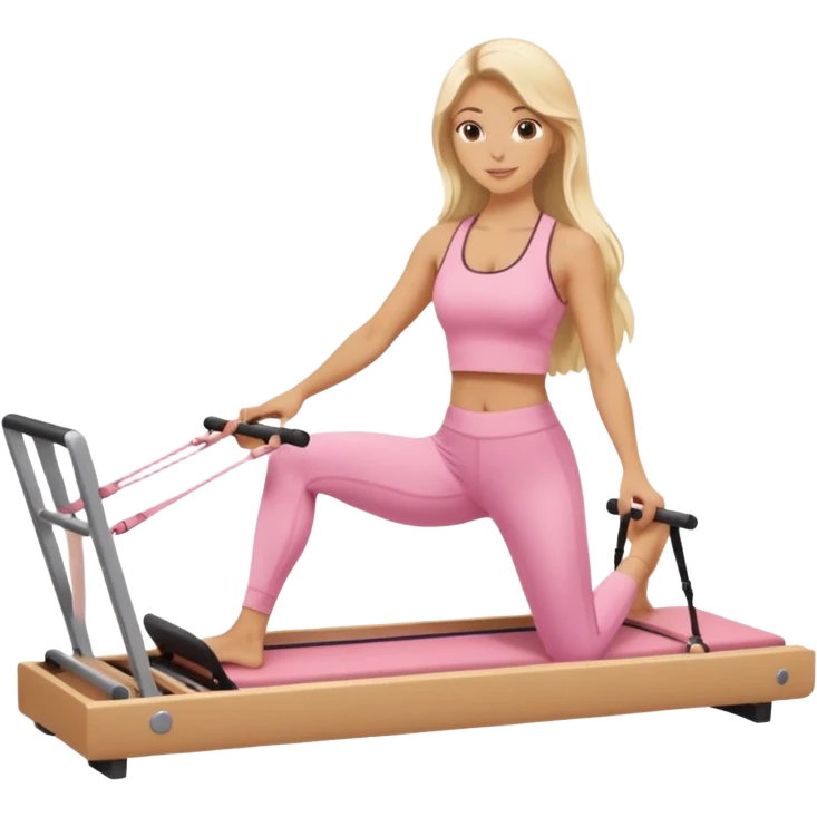 long haired blonde pilates instructor teaching reformer in pink set beige reformer emoji