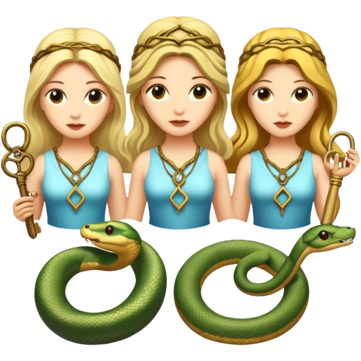 Three goddesses. one with a snake facing right,  one with a key facing left, one in the center with a key emoji