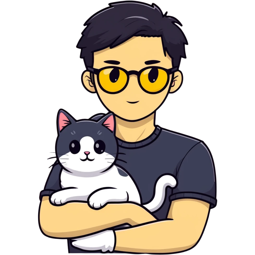 A young man with a long face and warm yellow-toned skin, black hair, wearing a pair of black glasses, cradling a grayish-white cat emoji