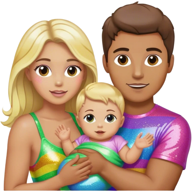Brunette man and brunette woman with blonde baby gay rainbow glitter pride emoji
