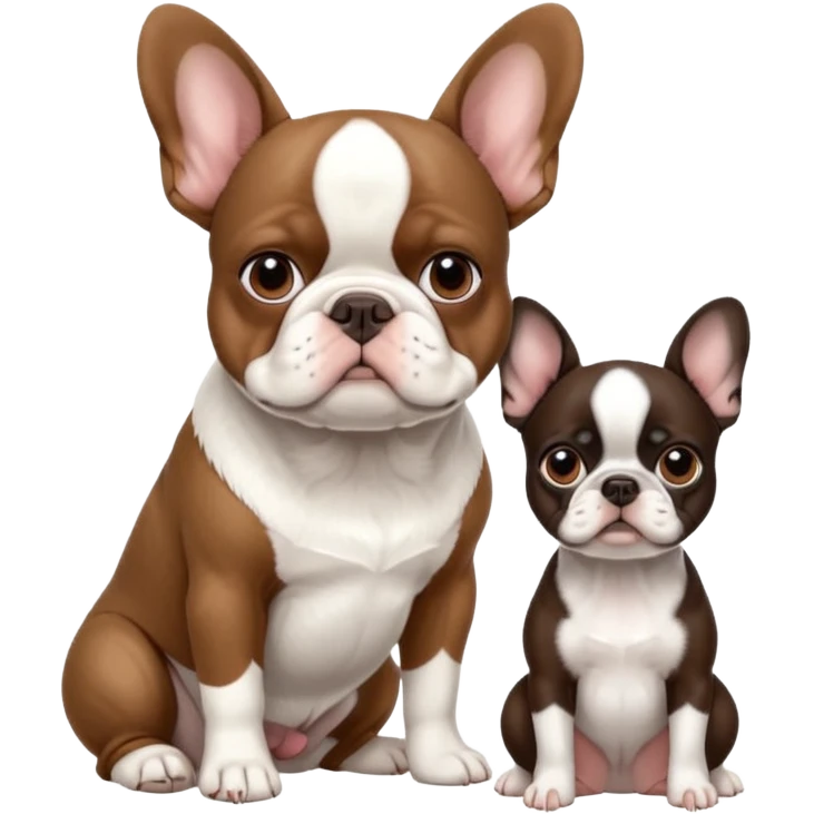 All pure white French bulldog sitting next to skinny brown Boston terrier emoji