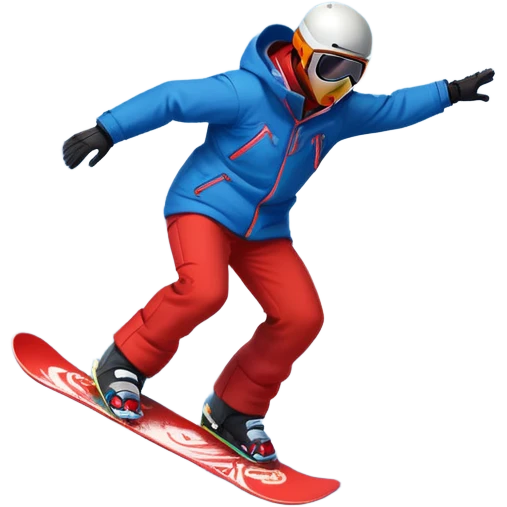 An icon showing a snowboarder performing an exciting jump on a snow-covered slope. The background features towering mountains, snow-covered trees, and a bright, clear sky. Transparent background highlights the speed, agility, and thrill of snowboarding. emoji