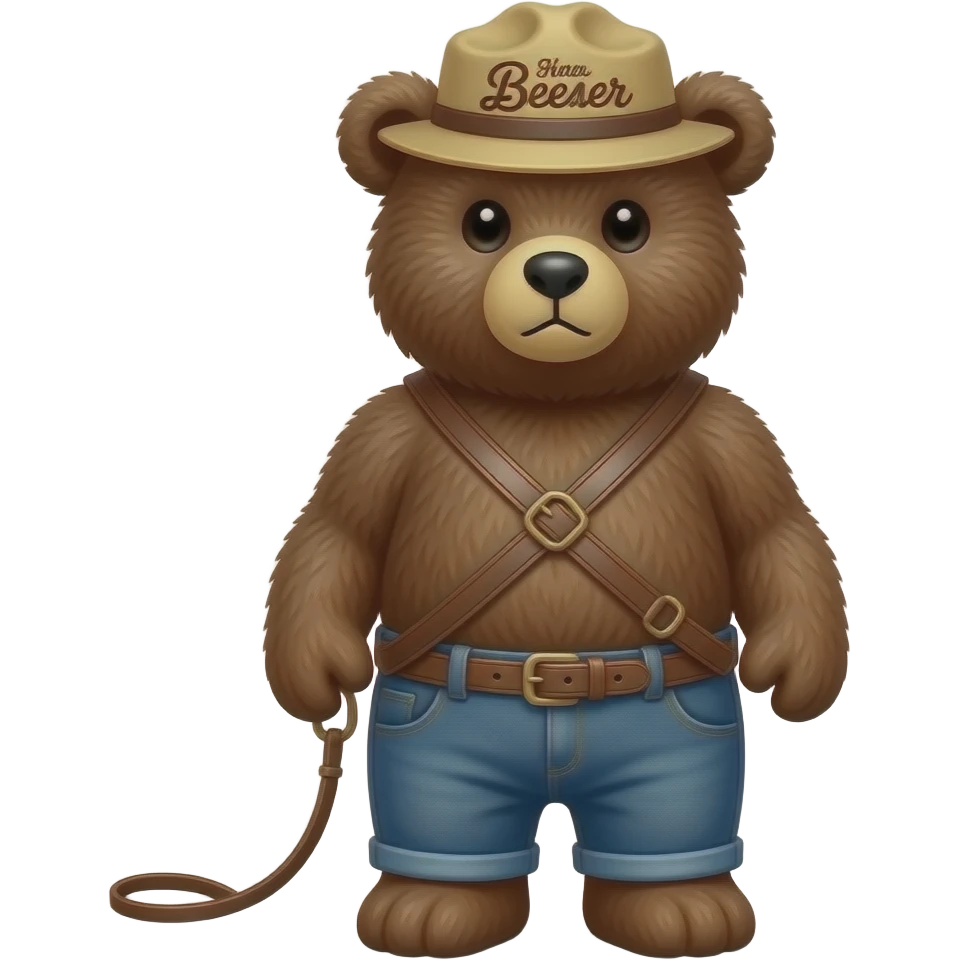 a teddy smokey the bear in a leather harness on a leash emoji