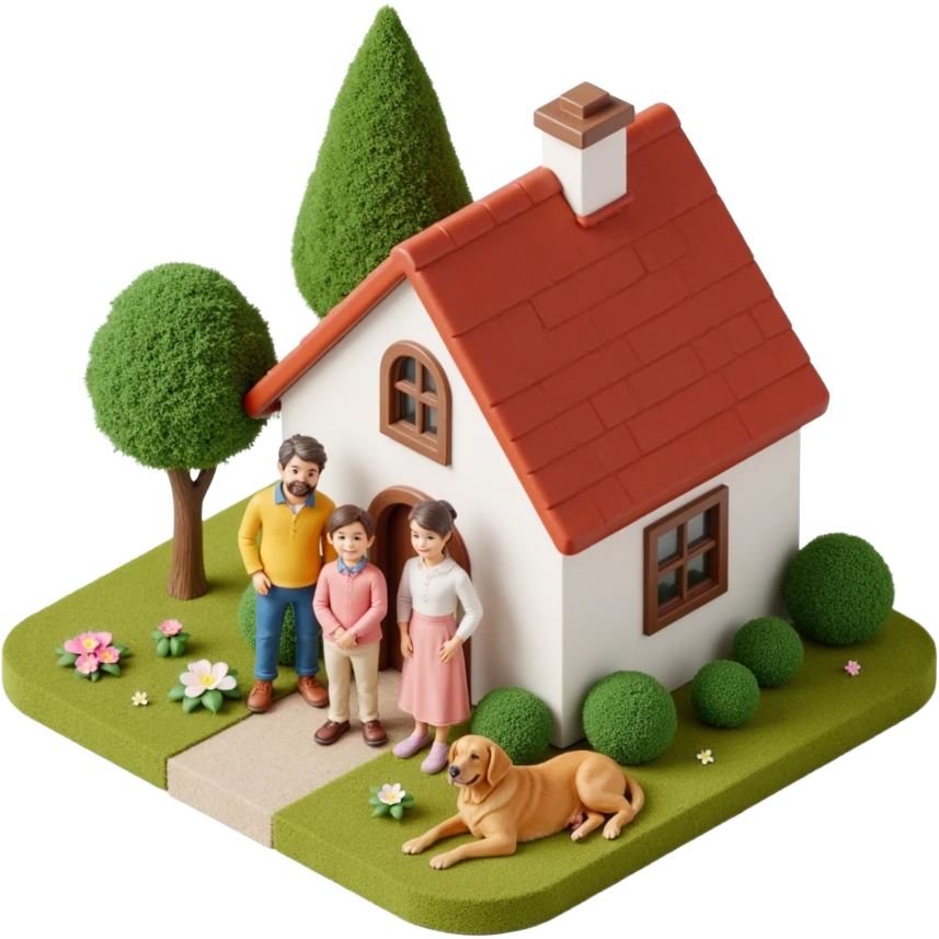 skeuomorphic icon of a cottage with a smiling family (parents, two kids) and a golden retriever, with realistic materials and depth emoji