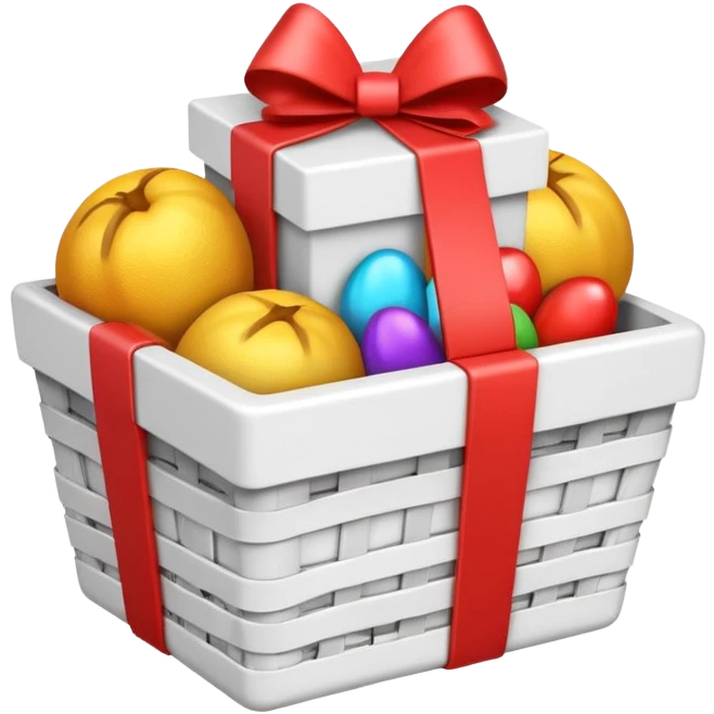  white small gift basket with small gifts inside and only 3 gifts the gifts colors white emoji