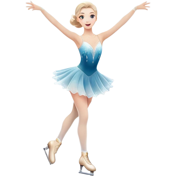 A grand ice rink palace with shining spotlights and cheering spectators in the stands. A graceful figure skater performing a spin on the ice. Transparent background highlights the elegance and artistry of figure skating emoji