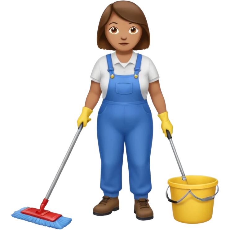 old and fat women, brown hair, Custodian with yellow rubber gloves, white T-shirt, blue overalls, mopping floor emoji