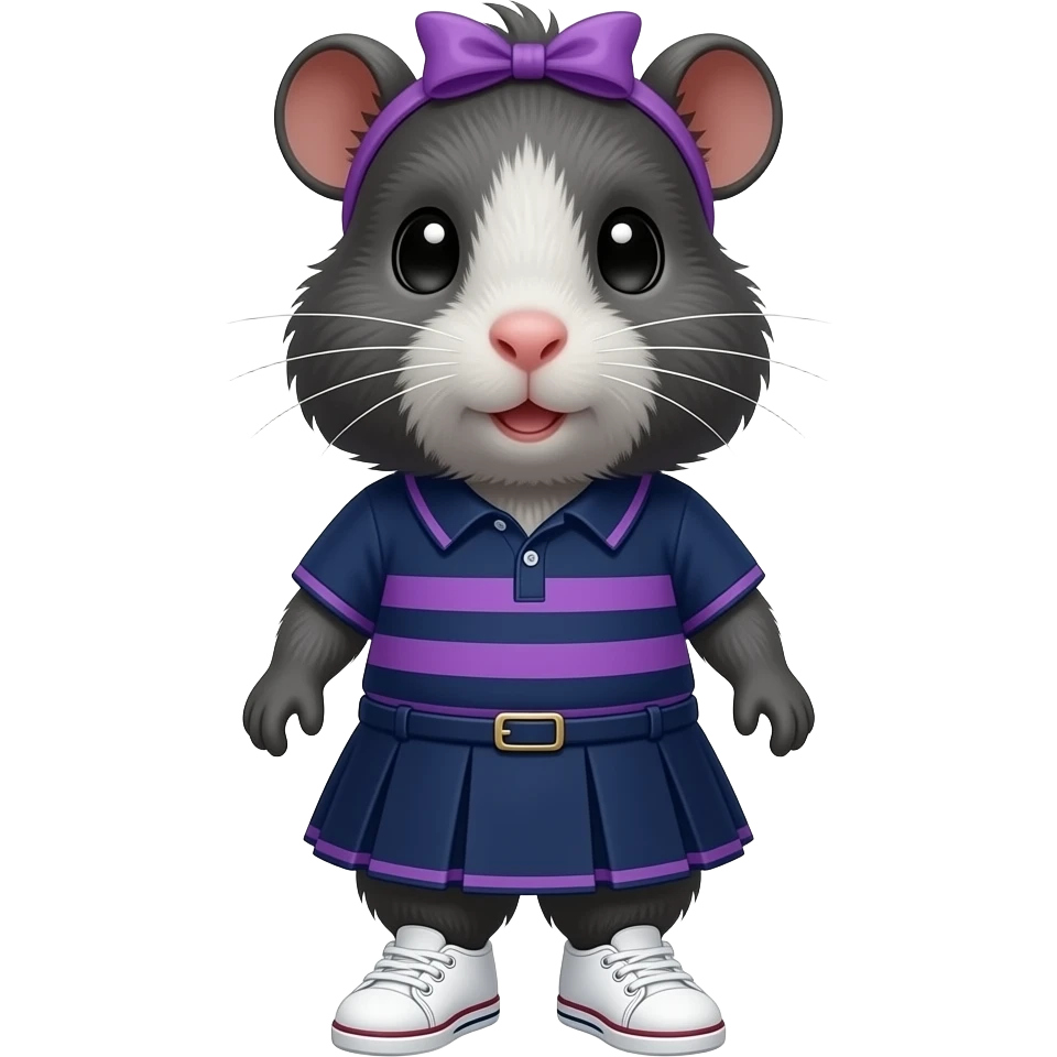 dark gray guinea pig in navy and purple stripe polo dress and white sneakers and purple hairband emoji