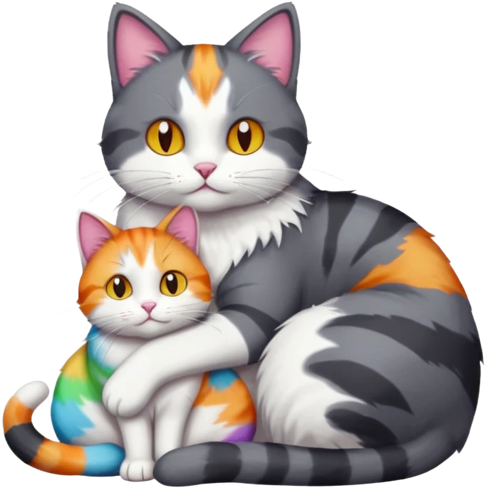 full body large dark grey and white cat cuddling a colourful light patched calico + white tabby cat  emoji