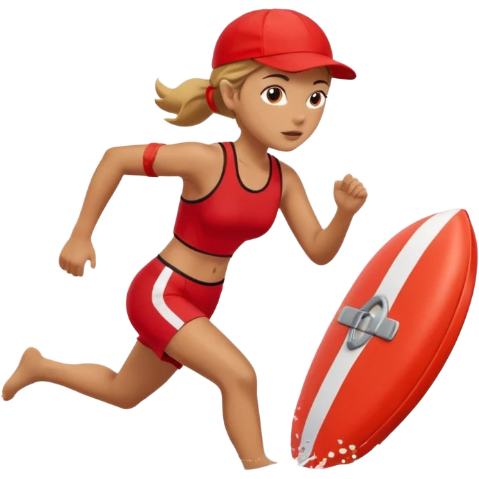 Female lifeguard – red cap, running along shore with rescue buoy emoji