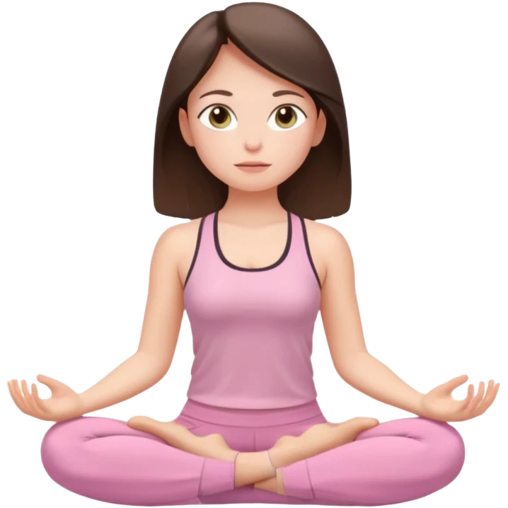white brunette girl in light pink workout clothes with hazel eyes meditating emoji