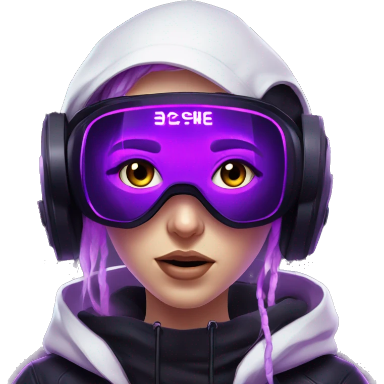 Russian girl wearing black hoody with violet letters "OMG", in vr headset. Cyberpunk style. Violet neon. emoji