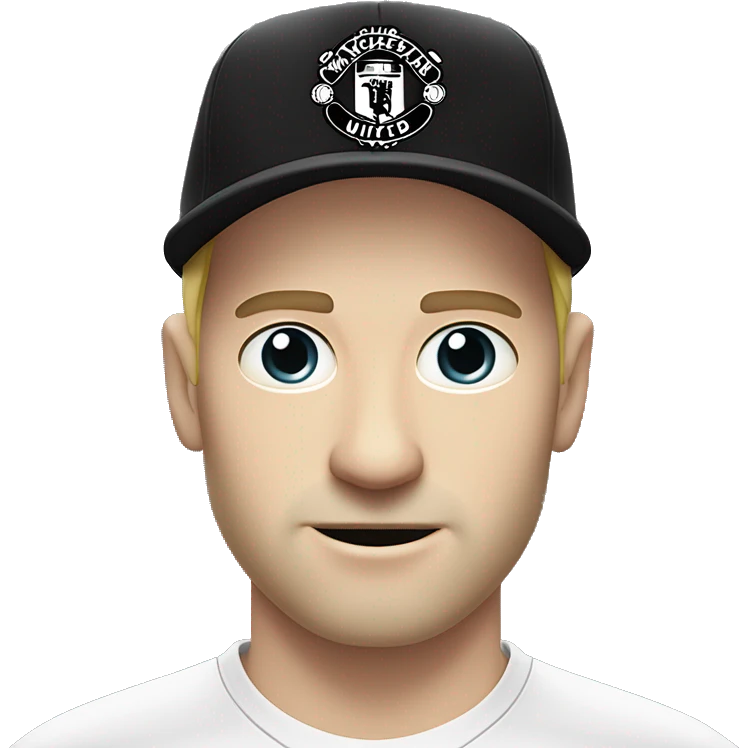 a white-skinned man without a mustache and beard in a Manchester United football club T-shirt, wearing a black hat without logos, two horns sticking out of his forehead emoji