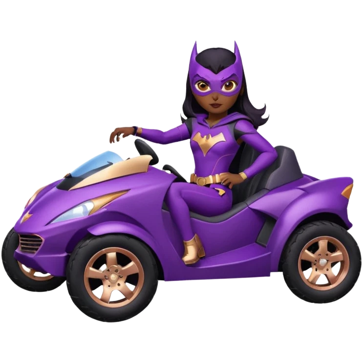 Hot full size real-appearance racing action (Darkness in her feminine soul) BatGirl’s midnight-purple tight outfit sixty’s tv show 1992 stealth retro cat burglar sporty petite off-road pursuit mobile cruiser car rose gold accents (black hair,reclined and relaxed seating position and attitude) emoji