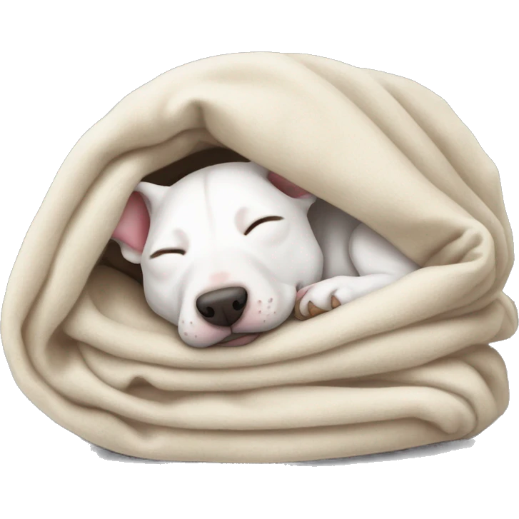 white bull terrier sleeping cozy in blanket  emoji