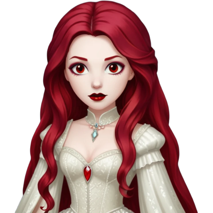 Bride of Dracula with long dark red hair, ivory sequin outfit emoji