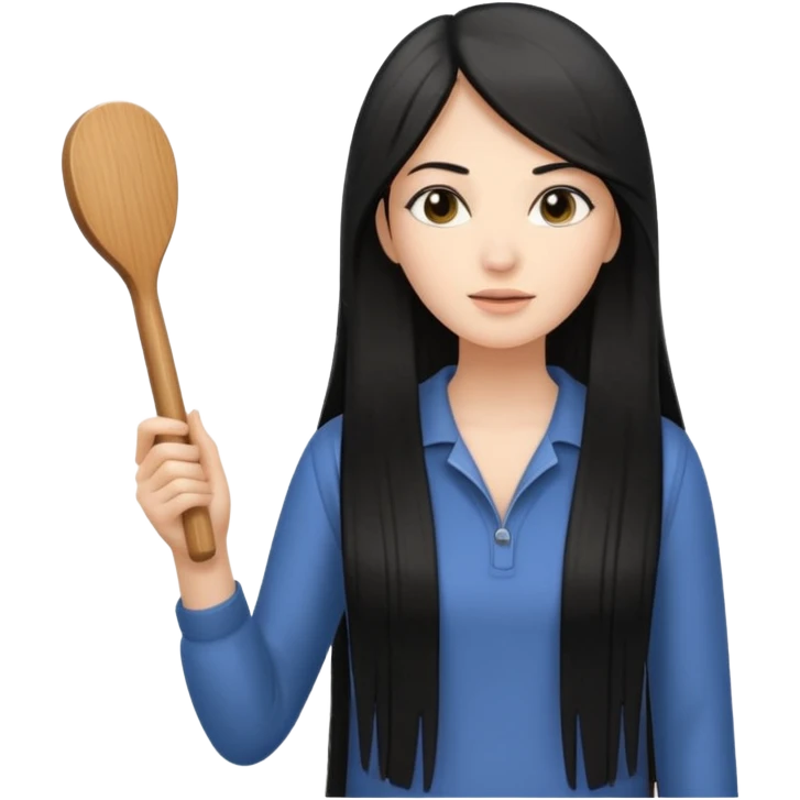 A white woman with long, straight black hair, holding a wooden paddle hairbrush in her left hand and spraying a hair mist bottle with her right hand toward her hair. emoji