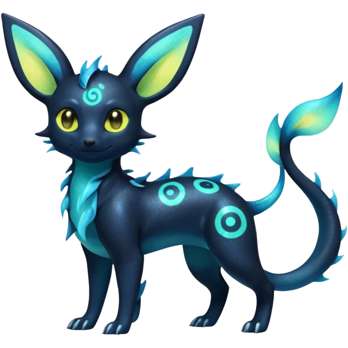 Shiny Aural Iridescent Fluorescent Bioluminescent Umbreon-Amaura-Salandit-Vaporeon-Fakémon-fusion (full body) emoji